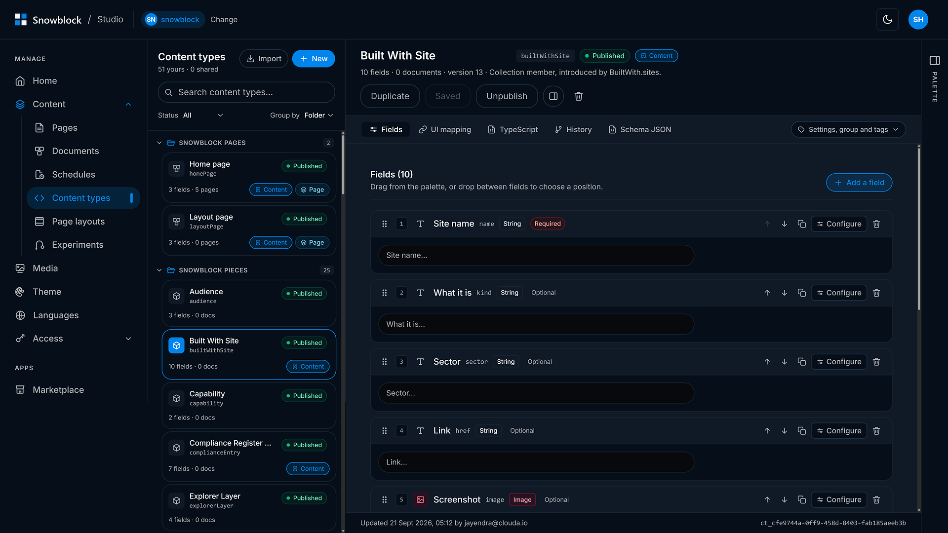 The SnowBlock Studio, editing a content type and its fields
