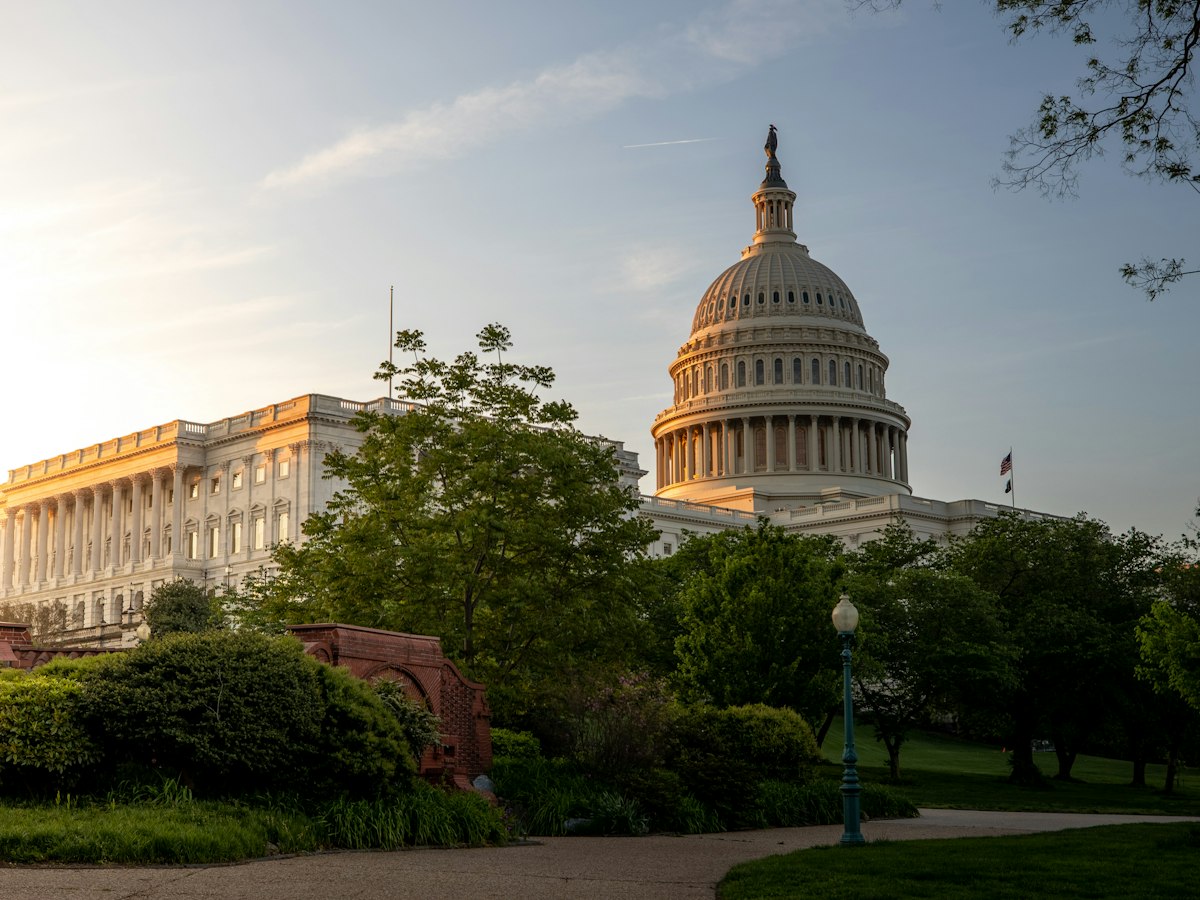 The U.S. Capitol dome in Washington, D.C., at sunrise